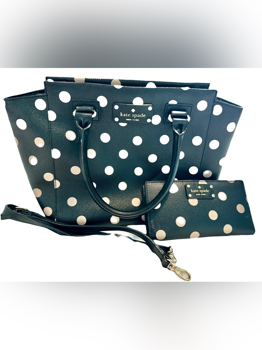 kate spade Camryn Wellesley Black & Cream Polka Dot Handbag W/ Matching Wallet